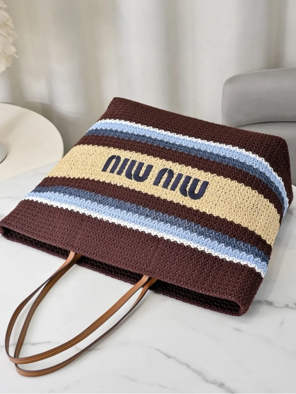 Miu Miu Brown, Cream & Blue Striped Woven Tote with Logo